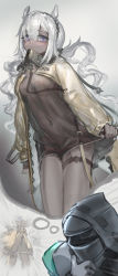 Rule 34 | 1girl, 1other, animal ears, arknights, black dress, blush, breasts, camel ears, closed mouth, dark-skinned female, dark skin, doctor (arknights), dress, expressionless, gloves, grey gloves, hair between eyes, highres, jacket, long hair, long sleeves, looking at viewer, low twintails, mask, mask around neck, medium breasts, navel, nemo (leafnight), nipples, open clothes, open jacket, see-through, short dress, silver hair, thigh strap, thighs, thinking, thought bubble, tuye (arknights), twintails, very long hair, yellow jacket