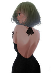 Rule 34 | 1girl, back, backless dress, backless outfit, bare back, bare shoulders, black dress, cigarette, dress, elbow gloves, from behind, gloves, green eyes, green hair, highres, idolmaster, idolmaster cinderella girls, looking at viewer, looking back, mole, mole under eye, senju (snz0), short hair, simple background, smoke, smoking, solo, takagaki kaede, white background