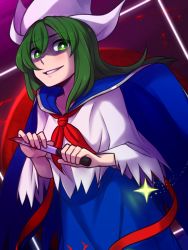Rule 34 | 1girl, blood, blue cape, blue skirt, bright pupils, cape, collarbone, commentary, green eyes, green hair, grin, hat, highres, holding, holding knife, knife, long hair, mima (touhou), neckerchief, red neckerchief, red ribbon, ribbon, shaded face, shirt, skirt, smile, solo, speckticuls, touhou, touhou (pc-98), white hat, white pupils, white shirt
