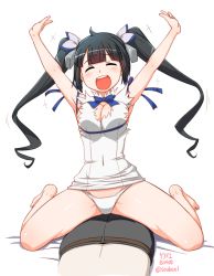Rule 34 | 10s, 1girl, :d, arm ribbon, armpits, arms up, artist name, black hair, blush, bow, breasts, cleavage, cleavage cutout, closed eyes, clothing cutout, covered navel, dress, dungeon ni deai wo motomeru no wa machigatteiru darou ka, hair ornament, hair ribbon, happy, hestia (danmachi), long hair, on bed, open mouth, panties, rei no himo, ribbon, short dress, simple background, smile, solo, soubee1, twintails, underwear, white background, white dress, white panties