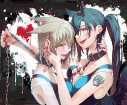 Rule 34 | 2girls, alternate costume, animal ears, bare shoulders, black collar, breast press, breasts, chain, chained, chromatic aberration, collar, collarbone, contemporary, ear piercing, earrings, feathered wings, fingernails, hair between eyes, half-closed eyes, hand on another&#039;s face, holding, holding leash, horse ears, jewelry, kurokoma saki, large breasts, leash, licking lips, lipstick mark, lipstick mark on neck, long hair, looking at viewer, medium breasts, multiple girls, nail polish, no headwear, piercing, pointy hair, ponytail, profile, red nails, ring, shoulder tattoo, symmetrical docking, syuri22, tank top, tattoo, teeth, tongue, tongue out, touhou, toyosatomimi no miko, upper body, wings, yellow eyes, yuri