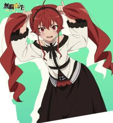 Rule 34 | 1girl, absurdres, alternate hairstyle, bunching hair, dress, eris greyrat, female focus, highres, long hair, looking at viewer, mushoku tensei, open mouth, red eyes, red hair, smile, solo, stitched, third-party edit, twintails
