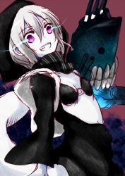 Rule 34 | 10s, 1girl, abyssal ship, backpack, bag, black bra, bra, breasts, fuuku (cherrymixer), glowing, grin, hood, hoodie, kantai collection, looking at viewer, pale skin, re-class battleship, scarf, short hair, small breasts, smile, solo, striped clothes, striped scarf, underwear, white hair