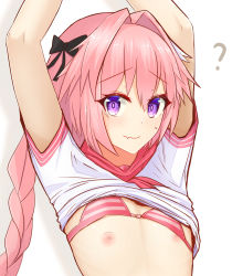 Rule 34 | 1boy, ?, arms up, astolfo (fate), astolfo (sailor paladin) (fate), black bow, bow, bow bra, bra, bra lift, braid, closed mouth, clothes lift, commentary request, embarrassed, eyelashes, eyes visible through hair, fang, fate/apocrypha, fate/grand order, fate (series), flat chest, furrowed brow, hair between eyes, hair bow, hair intakes, highres, long hair, looking at viewer, male focus, multicolored hair, neckerchief, nekoda (maoda), nipple slip, nipples, official alternate costume, pink bow, pink bra, pink hair, pink neckerchief, pink sailor collar, purple eyes, sailor collar, school uniform, serafuku, shirt, shirt lift, short sleeves, simple background, single braid, skin fang, sleeve cuffs, smile, solo, streaked hair, striped bra, striped clothes, sweatdrop, trap, two-tone hair, underwear, upper body, wavy mouth, white background, white hair, white shirt