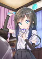 Rule 34 | 10s, 2girls, arm up, arm warmers, asashio (kancolle), bed, black hair, black skirt, blue eyes, blurry, brushing hair, bulletin board, bunk bed, clock, comb, commentary request, cowboy shot, curtains, depth of field, dress shirt, drink, drinking, gotou hisashi, highres, indoors, kantai collection, long hair, looking at viewer, messy hair, mirror, multiple girls, photo (object), pleated skirt, shirt, short sleeves, skirt, solo focus, strap slip, suspenders, suspenders slip, wall clock, white shirt