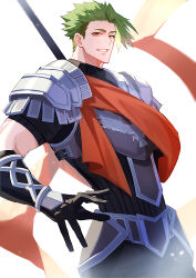 Rule 34 | 1boy, absurdres, achilles (fate), armor, black shirt, fate/apocrypha, fate (series), gauntlets, green hair, grin, haruakira, highres, holding, holding polearm, holding weapon, looking at viewer, male focus, mature male, orange eyes, polearm, red sash, ribbed shirt, sash, shirt, short hair, simple background, smile, solo, undercut, weapon, white background