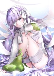 Rule 34 | 1girl, absurdly long hair, bandage over one eye, bandages, bow, fate/extra, fate/extra ccc, fate/extra ccc fox tail, fate/grand order, fate (series), hane yuki, highres, kingprotea (fate), long hair, moss, purple eyes, purple hair, sitting, solo, thighs, very long hair