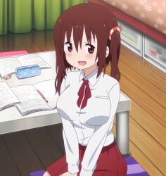 Rule 34 | 1girl, bed, blush, breasts, curtains, dot nose, ebina nana, eraser, flower, green curtains, highres, himouto! umaru-chan, homework, indoors, large breasts, long sleeve shirt, mechanical pencil, open mouth, pencil, pencil case, red eyes, red hair, school uniform, sitting, skirt, solo, stitched, table, third-party edit, wooden floor