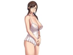 Rule 34 | 10s, 1girl, bare shoulders, bracelet, braid, breasts, brown hair, cleavage, collarbone, female focus, game cg, glasses, green eyes, jewelry, large breasts, legs, lingerie, long hair, looking at viewer, mitarai yuuna, nipples, panties, sagging breasts, see-through, sei shoujo, smile, solo, standing, starless, thighs, transparent background, twin braids, underwear, white background, will (company)