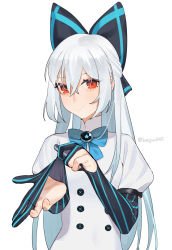 Rule 34 | 1girl, beijuu, bow, bowtie, closed mouth, girls&#039; frontline, gloves, hair between eyes, hair bow, long hair, looking at viewer, partially fingerless gloves, pinstripe pattern, puffy short sleeves, puffy sleeves, red eyes, short sleeves, silver hair, simple background, smile, solo, striped, tokarev (girls&#039; frontline), upper body, white background