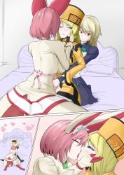 Rule 34 | 3girls, alternate skin color, animal ears, aqua eyes, arc system works, artist request, backboob, bed, blonde hair, blush, breasts, brown eyes, clenched teeth, closed eyes, clover, comic, dress, elphelt valentine, four-leaf clover, french kiss, futa with female, futanari, gloves, guilty gear, guilty gear xrd, handjob, hat, heart, highres, indoors, kiss, large breasts, long hair, looking back, millia rage, multiple girls, open mouth, penis, pillow, pink hair, platinum blonde hair, rabbit ears, ramlethal valentine, shiny clothes, short hair, skirt, teeth, tongue, uncensored, wedding dress, white dress