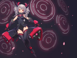 Rule 34 | 1girl, absurdres, bare shoulders, black background, black gloves, black thighhighs, boots, breasts, bronya zaychik, bronya zaychik (black nucleus), dkxlek, drill hair, full body, glint, gloves, grey hair, hair between eyes, highres, honkai (series), honkai impact 3rd, leotard, looking at viewer, open mouth, red eyes, small breasts, solo, thigh boots, thighhighs, twin drills