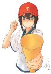 Rule 34 | 10s, 1girl, alternate costume, baseball cap, black eyes, black hair, blush, clenched hand, closed mouth, fingernails, fubuki (kancolle), hair between eyes, hand up, hat, highres, holding, kantai collection, looking at viewer, megaphone, shirt, short sleeves, sidelocks, simple background, solo, t-shirt, tabiaki (cosy catastrophe), tabisora, upper body, white background, white shirt