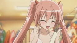 Rule 34 | 1girl, :d, ^ ^, ahoge, animated, animated gif, blush, bra, cellphone, child, closed eyes, closed eyes, fang, hair ornament, happy, hidan no aria, indoors, kanzaki h. aria, lingerie, non-web source, open mouth, phone, pink hair, screencap, smile, solo, twintails, underwear