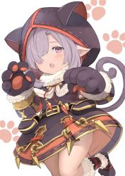 Rule 34 | 1girl, :o, animal ears, animal hands, animal hood, belt, black belt, black capelet, black dress, black gloves, blush, capelet, cat ears, cat girl, cat hood, cat tail, commentary request, dress, fake animal ears, fur-trimmed capelet, fur-trimmed gloves, fur-trimmed legwear, fur trim, gloves, granblue fantasy, hair over one eye, harvin, highres, hood, hood up, hooded capelet, iwao (pixiv258710), kneehighs, long sleeves, looking at viewer, niyon (granblue fantasy), open mouth, paw gloves, purple hair, red eyes, ribbon, socks, solo, standing, standing on one leg, striped clothes, striped socks, tail, tail ornament, tail ribbon