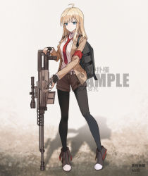 Rule 34 | 1girl, absurdres, ahoge, anti-materiel rifle, as50, as50 (girls&#039; frontline), backpack, bag, belt, black bag, black gloves, black pantyhose, blonde hair, blue eyes, boots, breasts, brown footwear, brown jacket, brown shorts, closed mouth, fingerless gloves, full body, girls&#039; frontline, gloves, gun, highres, holding, holding weapon, jacket, legs, light smile, long hair, long sleeves, looking at viewer, medium breasts, necktie, open clothes, open jacket, original, pantyhose, red necktie, rifle, sakatakin, sample watermark, semi-automatic firearm, semi-automatic rifle, shirt, shorts, simple background, sniper rifle, solo, standing, watermark, weapon, white shirt