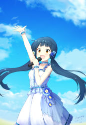 Rule 34 | 1girl, :d, absurdres, arm up, artist name, bare arms, basa rutan, blue hair, blue sky, breasts, brown eyes, choker, cloud, dated, day, dress, flower, hair flower, hair ornament, happy birthday, highres, holding, holding microphone, idolmaster, idolmaster million live!, kitakami reika, long hair, looking at viewer, low twintails, medium breasts, microphone, music, open mouth, outdoors, singing, sky, sleeveless, sleeveless dress, smile, solo, standing, twintails, white dress, wrist cuffs