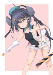 Rule 34 | 1girl, aqua hat, bell shireikan, black one-piece swimsuit, black ribbon, border, breasts, competition swimsuit, feet out of frame, garrison cap, gloves, grey eyes, grey hair, hair ornament, hair ribbon, hat, highres, kantai collection, leaning forward, long hair, one-piece swimsuit, pink background, ribbon, scamp (kancolle), short shorts, shorts, side ponytail, small breasts, solo, standing, star (symbol), star hair ornament, swimsuit, two-tone background, white border, white gloves, white shorts