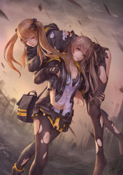 Rule 34 | 2girls, artist name, black bow, black bra, black gloves, black skirt, bow, bra, brown eyes, brown hair, carrying, closed mouth, cuts, fingerless gloves, fireman&#039;s carry, girls&#039; frontline, gloves, grey hair, hair bow, highres, hood, hoodie, injury, jacket, jay xu, light smile, lips, long hair, md5 mismatch, miniskirt, multiple girls, one eye closed, one side up, open clothes, open jacket, outdoors, pantyhose, resolution mismatch, ruins, shirt, siblings, sidelocks, signature, silhouette, sisters, skirt, smile, source larger, standing, torn clothes, torn legwear, torn skirt, twins, twintails, ump45 (girls&#039; frontline), ump9 (girls&#039; frontline), underwear, walking, white shirt