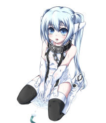 Rule 34 | 1girl, blue eyes, blue hair, collar, elbow gloves, gloves, highres, hose, kneeling, looking up, matching hair/eyes, nymph (sora no otoshimono), open mouth, seiza, simple background, sitting, solo, sora no otoshimono, thighhighs, twintails, wet, yui (imprinting)