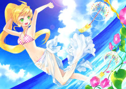 Rule 34 | 1girl, :d, arms up, bad id, bad pixiv id, bikini, blonde hair, blush, checkered bikini, checkered clothes, cloud, day, dutch angle, flower, green eyes, legs, lens flare, long hair, looking away, morning glory, ocean, open mouth, original, outdoors, ponytail, renta, renta (deja-vu), sarong, sash, see-through, see-through sarong, sky, smile, solo, swimsuit, very long hair, wind chime