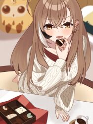 Rule 34 | ahoge, bird, blurry, blurry background, box, box of chocolates, brown eyes, brown hair, chocolate, coffee cup, cup, disposable cup, earrings, food, hair between eyes, hair over shoulder, highres, holding, holding chocolate, holding food, hololive, hololive english, indoors, jewelry, leaning on table, light blush, long hair, looking at viewer, multicolored hair, nanashi mumei, nanashi mumei (casual), official alternate costume, open mouth, oversized clothes, owl, red skirt, shishi cc, skirt, standing, standing on one leg, streaked hair, stuffed toy, sweater, v-shaped eyebrows, white sweater