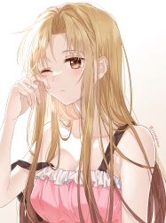 Rule 34 | 1girl, artist name, asuna (sao), bare shoulders, breasts, brown eyes, check clothing, cleavage, closed mouth, collarbone, commentary, gradient background, hand on own face, highres, istriri, light blush, light brown hair, long hair, medium breasts, nightgown, one eye closed, pink nightgown, sidelocks, simple background, solo, strap slip, sword art online, twitter username, upper body, white background, yellow background