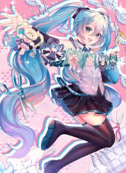 Rule 34 | 1girl, absurdres, annotated, black skirt, black thighhighs, blue eyes, blue hair, character cutout, character request, commentary, english commentary, hatsune miku, hatsune miku expo, highres, long hair, miniskirt, mixed-language commentary, multicolored hair, open mouth, pink hair, shirt, skirt, smile, streaked hair, tactoki, thighhighs, twintails, very long hair, vocaloid, white shirt