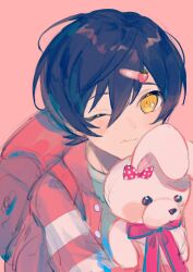 Rule 34 | 1boy, backpack, bag, black hair, blush, child, closed mouth, green shirt, highres, holding, holding stuffed toy, jacket, looking at viewer, mahoutsukai no yakusoku, male focus, multicolored clothes, multicolored jacket, one eye closed, pink background, piza-chan, red bag, red jacket, shirt, snow (mahoutsukai no yakusoku), solo, striped sleeves, stuffed animal, stuffed rabbit, stuffed toy, white jacket, yellow eyes