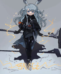 Rule 34 | 1girl, animal ears, arknights, black gloves, black jacket, black pants, black skirt, character name, electricity, full body, gloves, grey eyes, grey hair, holding, holding weapon, id card, jacket, long hair, long sleeves, looking at viewer, pants, rabbit ears, rabbit girl, savage (arknights), skirt, smile, solo, standing, thurim6, two side up, war hammer, weapon