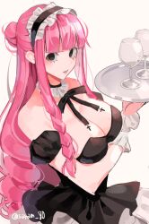 Rule 34 | 1girl, bad id, bad twitter id, black dress, black eyes, blunt bangs, braid, breasts, cleavage, commentary, cross, cup, detached collar, detached sleeves, dress, drill hair, drinking glass, eyelashes, hair bun, holding, holding plate, joman, large breasts, long hair, looking at viewer, maid, maid headdress, one piece, perona, pink hair, plate, puffy detached sleeves, puffy sleeves, sidelocks, simple background, solo, symbol-only commentary, upper body, white background, wine glass