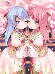 Rule 34 | 2girls, ;), ;o, bang dream!, bikini, blue hair, blurry, blurry background, blush, bow, cheek-to-cheek, cherry blossoms, commentary request, day, depth of field, dress, fingernails, floral print, flower, hair bow, hair flower, hair ornament, hairclip, hands up, heads together, highres, holding hands, interlocked fingers, juliet sleeves, long hair, long sleeves, looking at viewer, maruyama aya, matsubara kanon, multiple girls, one eye closed, open mouth, outdoors, petals, pink dress, pink flower, pink hair, pleated dress, print bikini, puffy sleeves, purple eyes, shipii (jigglypuff), smile, swimsuit, wide sleeves