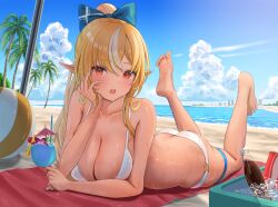 Rule 34 | 1girl, absurdres, bare shoulders, barefoot, beach, bikini, blonde hair, blush, bow, breasts, cleavage, collarbone, dark-skinned female, dark elf, dark skin, day, elf, feet, feet up, hair bow, high ponytail, highres, hololive, large breasts, long hair, looking at viewer, multicolored hair, ocean, open mouth, p-tomi, pointy ears, ponytail, red eyes, shiranui flare, sidelocks, smile, soles, solo, streaked hair, swimsuit, virtual youtuber, white bikini, white hair