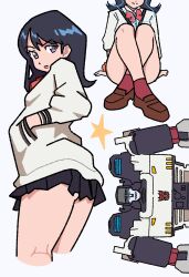 Rule 34 | 1girl, black hair, blue eyes, bow, bowtie, breasts, cardigan, cropped legs, crossed legs, decepticon, drawbuster, earphones, from behind, gridman universe, hands in pockets, highres, insignia, loafers, long hair, mecha, medium breasts, megatron (shattered glass), orange scrunchie, red bow, red bowtie, red socks, robot, scrunchie, shoes, small breasts, socks, ssss.gridman, star (symbol), sweater, takarada rikka, thick thighs, thighs, transformers, transformers shattered glass, white background, white cardigan, white sweater, wrist scrunchie