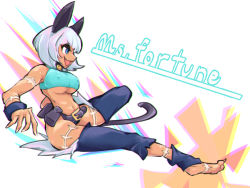 Rule 34 | 1girl, animal ears, aqua shirt, bare shoulders, barefoot, belt, blue eyes, blue legwear, blue panties, blunt bangs, breasts, cat ears, cat tail, character name, chromatic aberration, claws, covered erect nipples, crop top, dark-skinned female, dark skin, english text, fang, female focus, full body, grey hair, happy, large breasts, ms. fortune (skullgirls), navel, open mouth, panties, pouch, scar, shiny skin, shirt, short hair, skullgirls, sleeveless, sleeveless shirt, smile, solo, stomach, suigi, tail, torn clothes, underboob, underwear