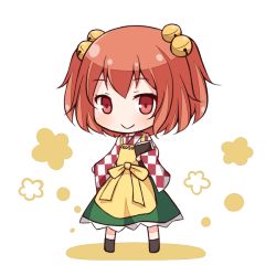 Rule 34 | 1girl, apron, bell, book, checkered clothes, checkered kimono, chibi, clothes writing, hair bell, hair ornament, japanese clothes, kimono, motoori kosuzu, red eyes, red hair, shichikaku, short hair, simple background, smile, solo, touhou, twintails, two side up, white background, wide sleeves