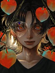 Rule 34 | 1boy, artist request, black hair, black shirt, chinese lantern (plant), close-up, collarbone, commentary, english commentary, food, fruit, hair between eyes, highres, light, lips, looking at viewer, nose, original, parted lips, plant, portrait, realistic, red eyes, shirt, short hair, smile, solo, straight-on, vines, watermark