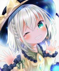 Rule 34 | 1girl, aqua nails, bad id, bad pixiv id, blush, braid, french braid, green eyes, grin, hands up, hat, heart, heart-shaped pupils, highres, komeiji koishi, looking at viewer, nail polish, one eye closed, pafe yuzuran, short hair, silver hair, simple background, smile, solo, spread fingers, symbol-shaped pupils, third eye, touhou, upper body, white background