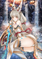 Rule 34 | 1girl, animal ears, ass, bare shoulders, blunt bangs, blush, breasts, cat ears, cleavage, commentary request, ear ornament, gloves, highres, holding, holding sword, holding weapon, leotard, long hair, looking at viewer, nia (blade) (xenoblade), nia (xenoblade), nintendo, niyah, sarasadou dan, silver hair, small breasts, smile, solo, spoilers, sword, water, waterfall, weapon, white gloves, xenoblade chronicles (series), xenoblade chronicles 2, yellow eyes