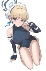 Rule 34 | 1girl, akahinao, arm support, blonde hair, blue archive, blue eyes, blue ribbon, blunt bangs, braid, breasts, commentary, earpiece, expressionless, fingerless gloves, from above, full body, gloves, hair bun, hair ribbon, halo, headset, highleg, highleg leotard, highres, leotard, looking at viewer, maid headdress, medium breasts, ribbon, single hair bun, sitting, sleeveless turtleneck leotard, solo, thighs, toki (blue archive), two-tone leotard, v, white background