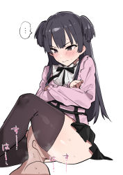 Rule 34 | ..., 1boy, 1girl, bald, black hair, black ribbon, black skirt, blush, brown thighhighs, closed mouth, crossed arms, grey eyes, highres, idolmaster, idolmaster shiny colors, implied cunnilingus, invisible chair, kobinbin, long hair, looking at another, mayuzumi fuyuko, ribbon, shiny skin, simple background, sitting, skirt, spoken ellipsis, steam, steaming body, sweat, thighhighs, twintails, white background