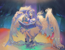 Rule 34 | 1girl, angel, angel wings, bad id, bad pixiv id, blue eyes, blue footwear, blue neckwear, blush, book, closed mouth, dress, feathered wings, feathers, floating, floating book, floating object, holding, holding quill, light rays, long hair, open book, original, quill, school uniform, serafuku, silver hair, sitting, solo, white dress, wings, wolflower, writing