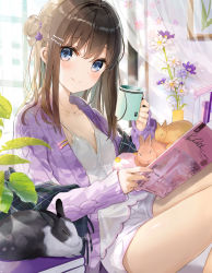 Rule 34 | 1girl, animal, blue eyes, blush, book, book stack, breasts, brown hair, camisole, cleavage, closed mouth, coffee mug, collarbone, commentary request, cup, curtains, from side, fuumi (radial engine), hair bun, hair ornament, hairclip, holding, holding book, holding cup, indoors, jacket, knees up, long hair, long sleeves, looking at viewer, looking to the side, mug, open book, original, pants, purple jacket, rabbit, short shorts, shorts, side bun, single hair bun, single side bun, sitting, sleeves past wrists, small breasts, smile, solo, thighs, white pants, window