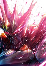 Rule 34 | absurdres, black cape, cape, glowing, glowing eyes, highres, looking down, mecha, no humans, pink eyes, portrait, robot, science fiction, solo, super robot, super robot wars, super robot wars original generation, takamaru (taka1220), vaisaga