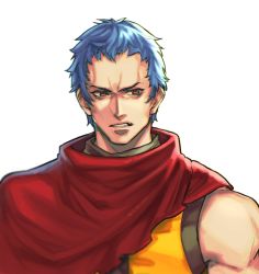 Rule 34 | 1boy, annoyed, blue hair, brown jacket, cape, commentary, highres, jacket, k9999, krohnen, ktovhinao, male focus, multicolored clothes, multicolored jacket, orange eyes, parted lips, red cape, short hair, simple background, snk, solo, the king of fighters, upper body, white background, yellow jacket