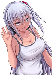 Rule 34 | 1girl, absurdres, bare arms, breasts, cleavage, collarbone, commentary request, fang, grey eyes, grey hair, hair between eyes, hair bobbles, hair ornament, highres, kanna (minamozuki), large breasts, long hair, looking at viewer, open mouth, original, sidelocks, simple background, smile, standing, tan, tank top, tanline, very long hair, waving, white background, white tank top