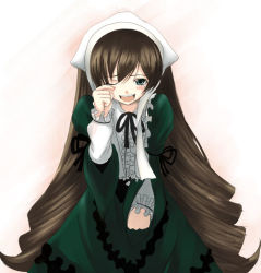 Rule 34 | 00s, 1girl, :d, black ribbon, blush, bonnet, brown hair, center frills, chiko (kanhogo), collar, crying, dress, frilled collar, frills, green dress, green eyes, lolita fashion, long hair, long sleeves, looking at viewer, neck ribbon, one eye closed, open mouth, ribbon, rozen maiden, rubbing eyes, simple background, smile, solo, suiseiseki, tears, very long hair, wiping tears