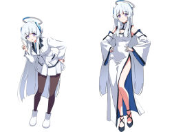 Rule 34 | 1girl, alternate costume, black pantyhose, blue archive, blue necktie, blush, breasts, cleavage, cleavage cutout, closed mouth, clothing cutout, collared shirt, commentary request, detached sleeves, dress, dress shirt, full body, halo, hand on own hip, hands on own hips, index finger raised, jacket, kusana (kusana47454281), long hair, long sleeves, looking at viewer, medium breasts, multiple views, necktie, noa (blue archive), open mouth, pantyhose, pleated skirt, purple eyes, shirt, simple background, skirt, sleeveless, sleeveless dress, very long hair, white background, white dress, white footwear, white hair, white jacket, white shirt, white skirt, wide sleeves