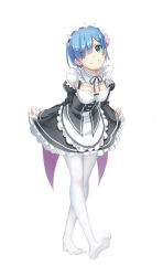 Rule 34 | 10s, 1girl, bent over, blue eyes, blue hair, closed mouth, clothes lift, detached sleeves, feet, female focus, frilled sleeves, frills, hair ornament, hair over one eye, highres, lifted by self, looking at viewer, maid, maid headdress, no shoes, pantyhose, re:zero kara hajimeru isekai seikatsu, rem (re:zero), ribbon, short hair, skirt, skirt lift, smile, solo, streamingsun, walking, white background, white pantyhose, x hair ornament