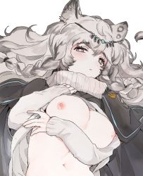 Rule 34 | 1girl, animal ear fluff, animal ears, arknights, bad id, bad pixiv id, black cloak, blush, braid, breasts, breasts out, circlet, cloak, clothes lift, dal-gi, grey eyes, hair between eyes, highres, korean commentary, leopard ears, long hair, looking at viewer, medium breasts, midriff, navel, nipples, parted lips, pramanix (arknights), side braids, silver hair, simple background, solo, sweater, sweater lift, twin braids, upper body, wavy hair, white background, white sweater